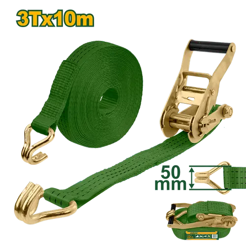CINTA DE AMARRE - CARGA: 3T LONGITUD: 10M ANCHO: 50 MM MATERIAL DE LA CINTA: PES CON TRINQUETE Y GANCHOS DOBLE J