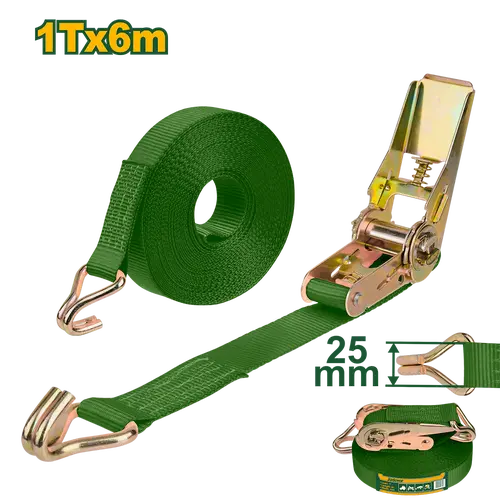 CINTA DE AMARRE - CARGA: 1T LARGO: 6M ANCHO: 25 MM MATERIAL DE LA CINTA: PES CON TRINQUETE Y GANCHOS DOBLE J EMPAQUETADO POR ETIQUETA