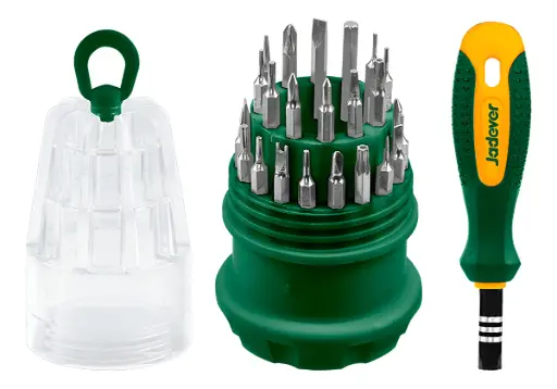 [JDSS1J31] JDSS1J31- KIT DE DESTORNILLADORES DE PRECISION 31 EN 1- ACERO CR-V- MANGO SUAVE + 30 PUNTAS DE 4 X 28MM 7SL + 4 PH + 6 HEXAGONAL + 8 TORX+ U2.0+ Y3 + 5 ESTRELLAS 2.0 + PUNZON+ TRIANGULO 2.3