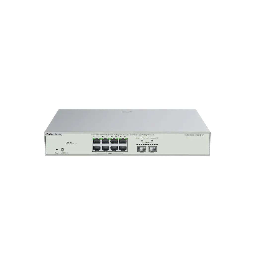 8 puertos POE de 2,5G. 2 Puertos SFP+Puertos PoE++ compatibles con 802.3bt/at/af con una fuente de alimentación total de 370 W.