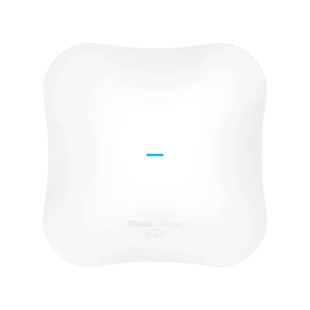 Access Point indoor/outdoor Reyee Wi-Fi 7, doble banda 2.4/5 GHz hasta 5.0 Gbps, 2×2 + 3×3 MIMO, 1× 2.5GE PoE+ (802.3at), IP65, –30 a +65 °C, MLO y puncturing, VLAN, WPA2/WPA3, gestión Web/Ruijie Cloud/Reyee Mesh.