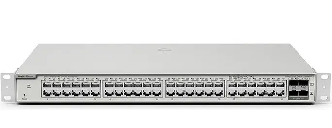 Administrable; 48 puertos 10/100/1000Base-T, 4 puertos SFP+ uplink; Capacidad de conmutación 176 Gbps.