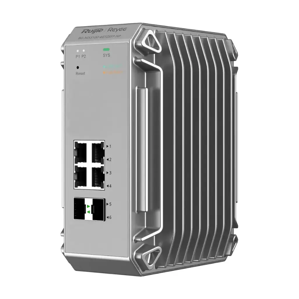 Administrable; Industrial; 4 puertos PoE+ 10/100/1000Base-T, 2 SFP+ uplink; Capacidad de comutación 12 Gbps; Transmisión 250m.